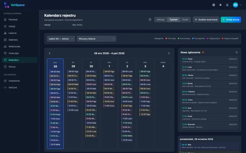 Appointment calendar: filters by branch and doctor (demo data)